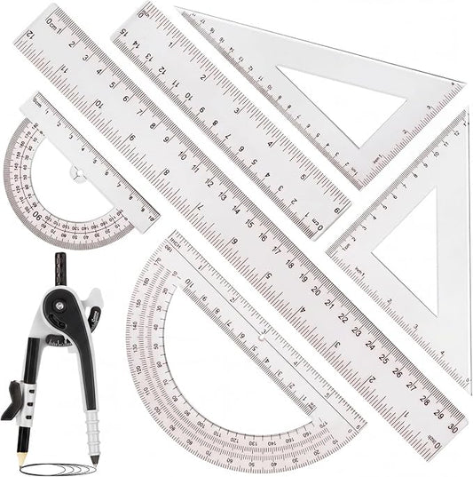 Zonon 1 Set Plastic Geometry Math Set 7 Pcs Includes 6'' / 4 '' Protractor, Drawing Compass, 45/60 Degree Triangle Rulers, 12'' / 6'' Math Ruler Transparent for Office Supplies(Clear)