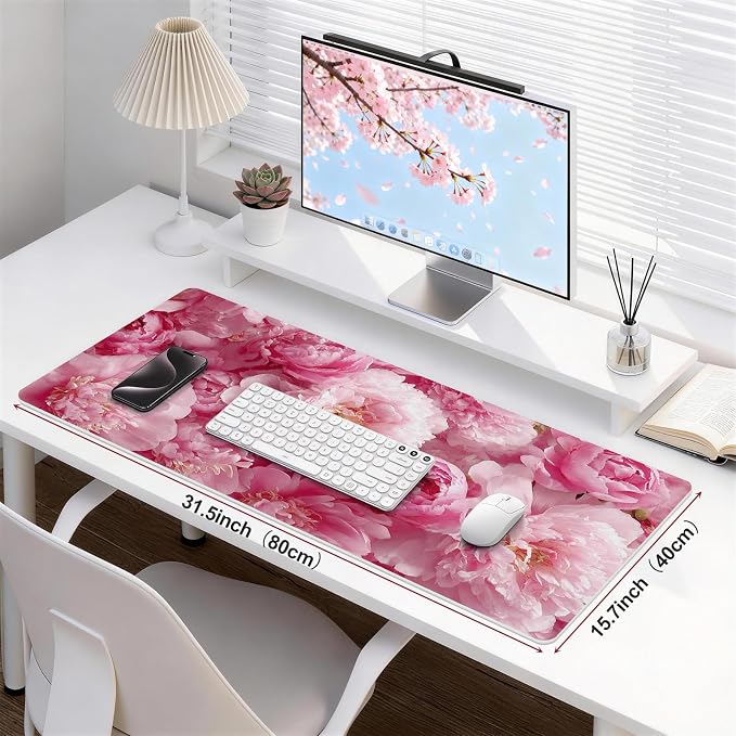 Desk Mat, 31.5 x 15.7 in, Pink Peony Floral PU Leather | Keyboard and Mouse Pad, Non-Slip Base, Waterproof, Easy Clean, Office Gaming Computer Protector