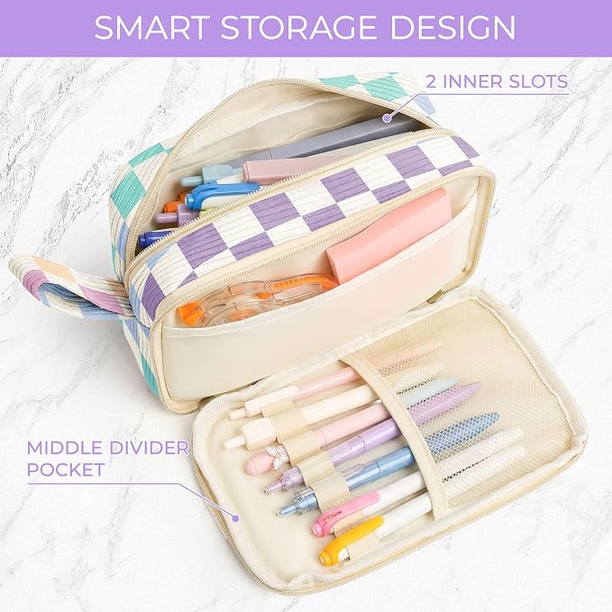 WOBAGMEN Cute Pencil Case,Large Corduroy Zippered Pencil Case Pouch, aesthetic Pencil Bag with Compartments, Pencil Pouch School Supplies (Colorful checked)