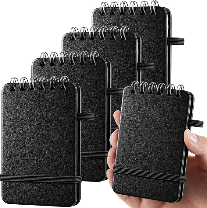 Qeeenar 4 Pack Small Pocket Notebook 2.5 x 4 Inch, Black Leather Hardcover Top Spiral Mini Notepad with Elastic Band,50 Sheets Tiny Memo Pad for Office Car Travel Work Quick Writing