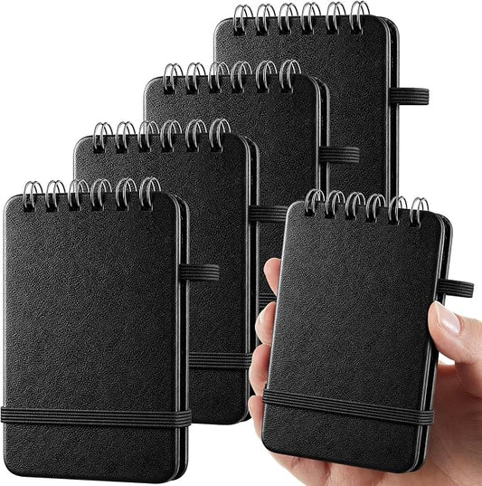 Qeeenar 4 Pack Small Pocket Notebook 2.5 x 4 Inch, Black Leather Hardcover Top Spiral Mini Notepad with Elastic Band,50 Sheets Tiny Memo Pad for Office Car Travel Work Quick Writing