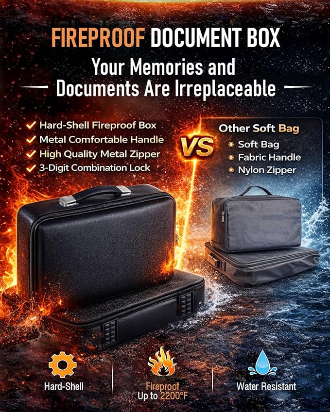 Fireproof Document Box - Hard-Shell Design Waterproof & Fireproof Document Safe with Lock, Fire Box Safe for Documents, Laptops, Passports Ex.16.5 x 12 x 5 inches, Black