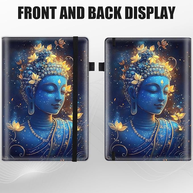 Hardcover Executive Notebooks, A5 PU Leather Lined Journal Notebook, 200 Pages Thick Paper Subject Notebooks for School,Work,Home Writing Business Notebook, Diary Book, Blue Buddha Statue