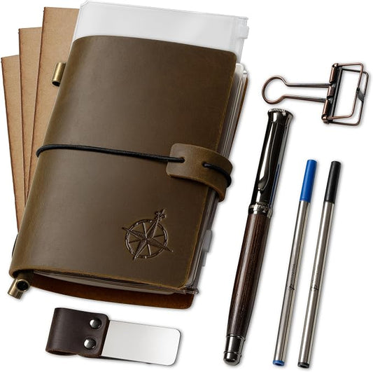 WANDERINGS Pocket Size Travelers Notebook Bundle – 4" x 5.1" (10 x 13cm) – Genuine Leather Journal with Pen Holder, Pen, 2 Ink Refills, PVC Folder & Binder Clip