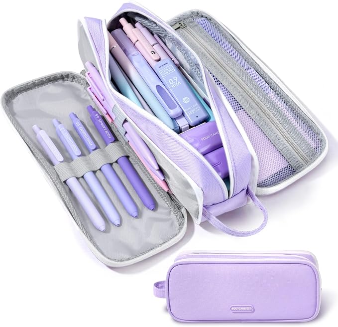 Four Candies 3-Compartment Large Pencil Case Organizer Pouch | Large Pen Bag for Stationery & Office Multi-Purpose Organizer Makeup Bag Travel Bag with Handle (Purple)