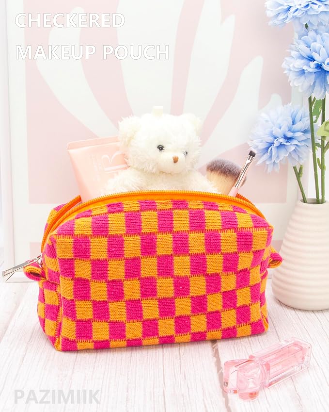Checkered Makeup Bag for Purse, Small Cosmetic Pouch,Red Orange,6 Pack | Cute Zipper Makeup Organizer for Women, Travel Essentials, Toiletries, Makeup Brushes, Beauty Accessories&Bridesmaid Gifts