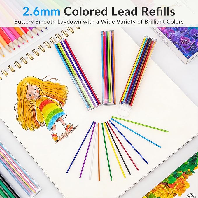 FUNLAVIE 2.6MM Colored Mechanical Pencil Lead Refills, 24 Assorted Color Pencils Refills, 3-Pack (72 PCS) – Oil-Based Soft Core Drawing Pencils, Vividly Brilliant Colors for Art & Sketching