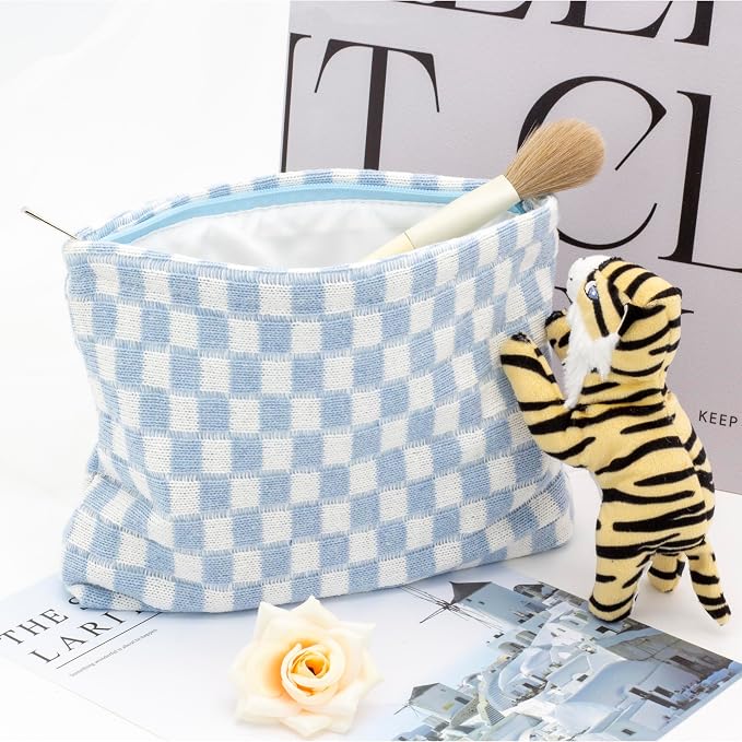 PAZIMIIK Checkered Makeup Bag for Purse, Small Flat Cosmetic Pouch,Blue | Cute Zipper Makeup Organizer for Women, Travel Essentials, Toiletries, Makeup Brushes, Beauty Accessories&Bridesmaid Gifts