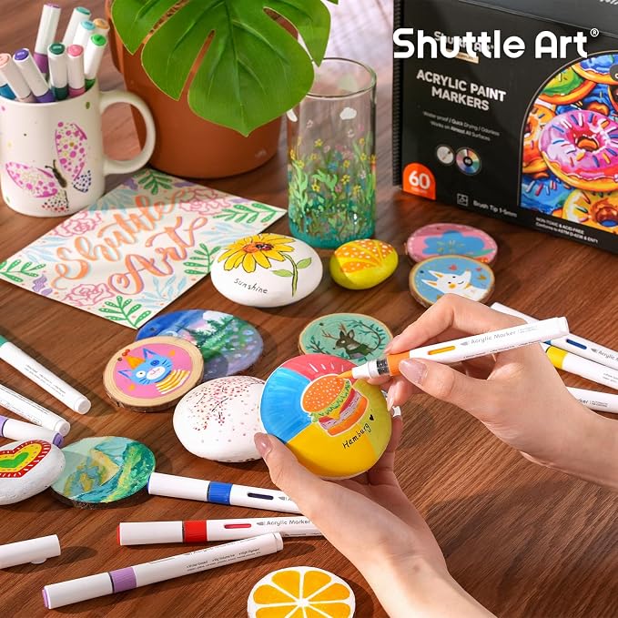 Shuttle Art Automatic Ink Control Acrylic Paint Markers, 60 Colors Brush Tip Acrylic Paint Pens for Rock, Ceramic, Wood, Canvas, Glass, Stone, Fabric, Card Making, DIY Football Crafts, FlipFunAlong