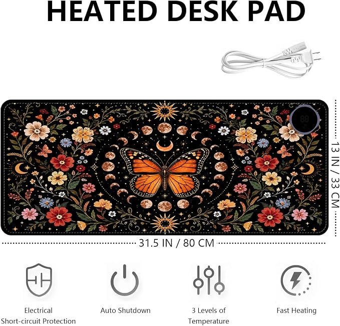 Large Heated Mouse Pad–31.5" x 13" Desk Mat for Office | 3 Adjustable Heat Levels,Auto Shut-Off After 3 Hours for Safety,Keeps Hands Warm While Working，Celestial Monarch Butterfly