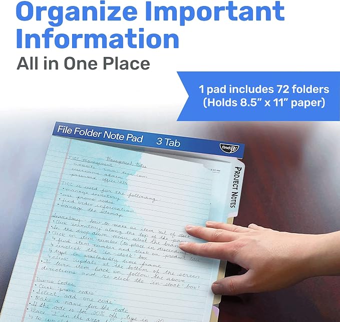 Find It File Folder Notepad 72-Ct 3rd-Cut Tab Organizer Folders, Watercolor | Wide-ruled clipboard-style pages, front and back ruled, perforated tear-out sheets, office and school filing organization