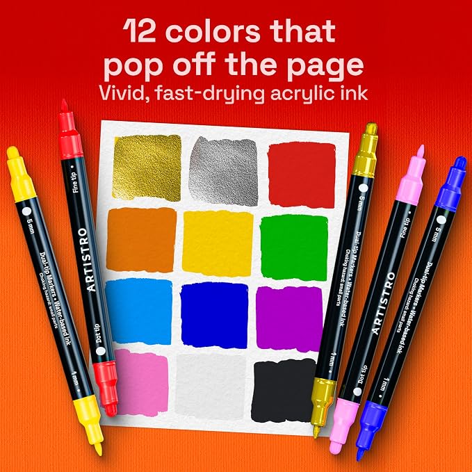 ARTISTRO 12 Precision Dual-Tip Acrylic Paint Markers – Paint Pens Set with Dot & Fine Tips for Fabric, Rock, Glass, Wood, Coloring Books – Arts & Crafts Gift – Classroom Must Haves & School Supplies
