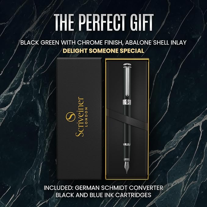 Scriveiner Black Green Fountain Pen - Stunning Luxury Pen with Chrome Finish, Schmidt Nib (Medium), Best Pen Gift Set for Men & Women, Professional, Executive, Office, Nice Pens