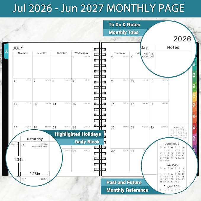 Academic Planner 2026-2027, July 2026 - June 2027, 6.3" x 8.4" | 26-27 Planner Weekly and Monthly, Colorful Tabs, PP Cover, A5 Thick Paper, Twin-Wire Binding - Black
