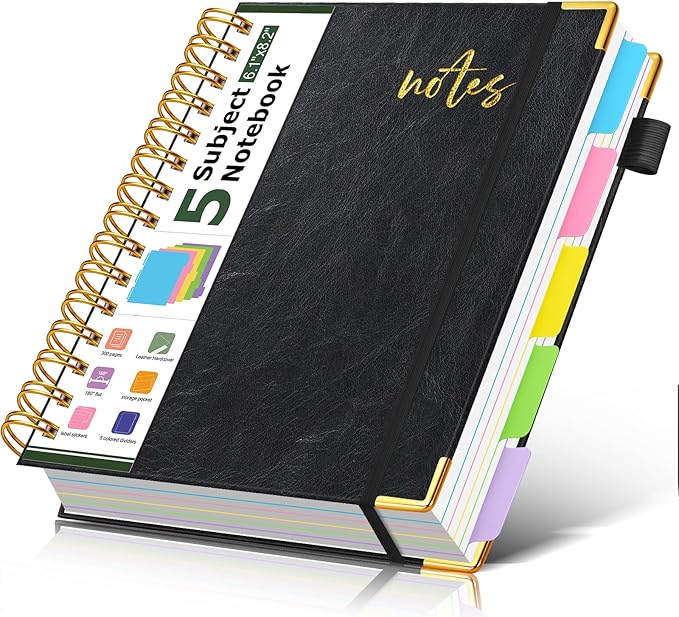 5 Subject Spiral Notebook Journal with Removable Dividers Tabs, 300 Pages Organizer Notebooks for Work School, A5 Hardcover Leather Notebook College Ruled, Lined Journal for Women Men，Black