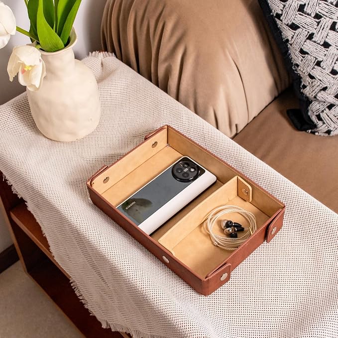 BONNY DODO Valet Tray for Men PU Leather Tray Organizer with Partition, Storage Keys, Watch & Practical Storage for Table Nightstand Living Room Bedroom (khaki)