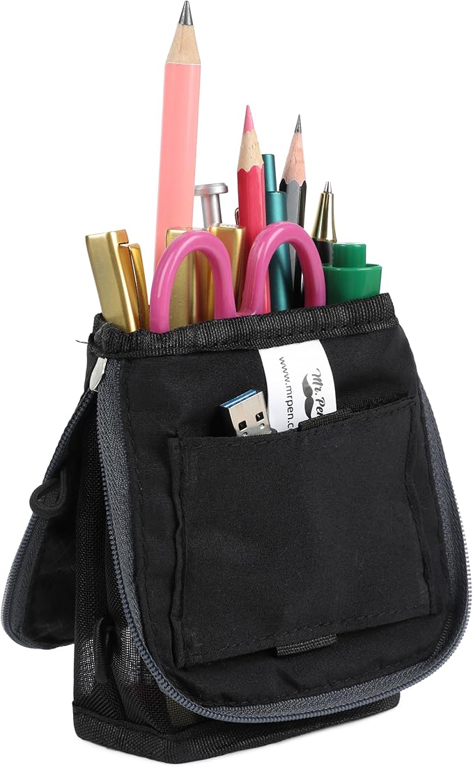 Mr. Pen- Standing Pencil Case Pouch, Sit & Lay Mesh-View Design | Black with Gray Zipper, Interior Pocket & 2 Elastic Binder Loops, Cute Pencil Case for Girls and Boys