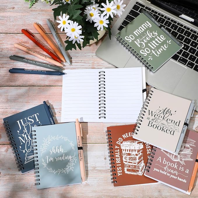 Thenshop 30 Sets Book Lover Gift Librarian Inspirational Spiral Notebook Pen Bulk Book Club Gift Reading Journal Librarian Back to School Gifts for Women Reader Teacher Bookish Bookworm (Morandi Color)