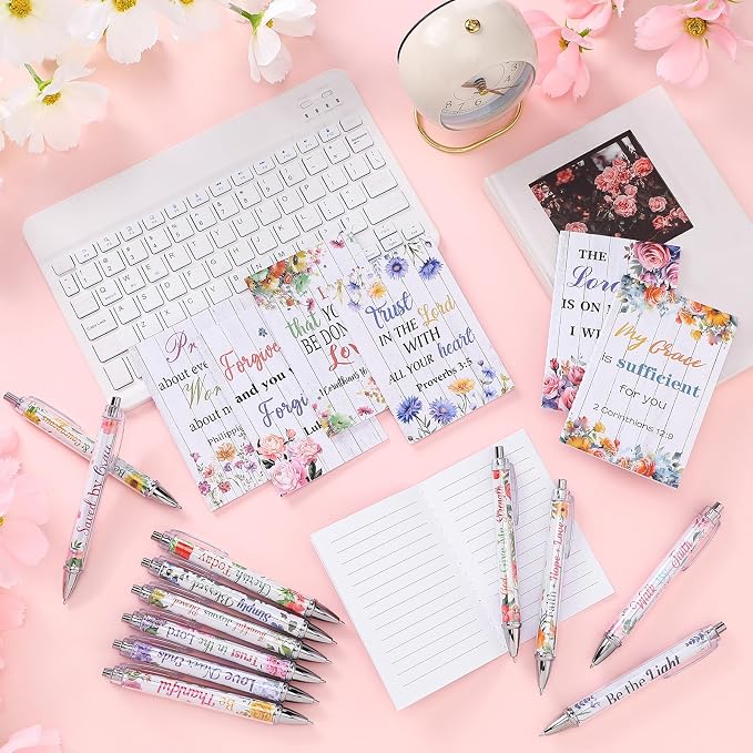 Colarr 12 Sets Christian Bulk Gifts for Women Bible Verse Pens Notebooks Religious VBS Scripture Ballpoint Pens Bookmarks Journal for Easter Sunday School Church Inspirational Supply(Novel Flower)