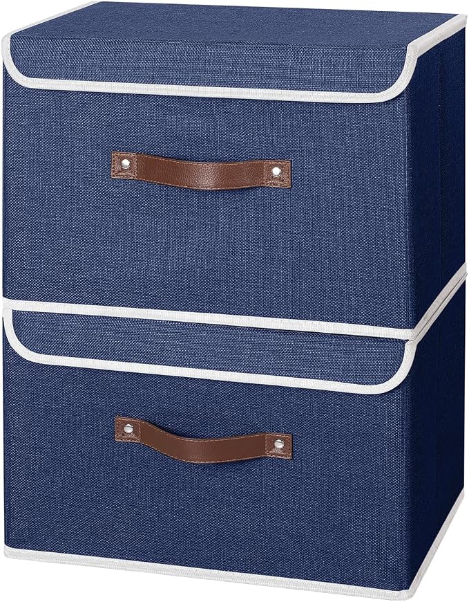ANMINY 2PCS Storage Bins with Lid PU Leather Handles Storage Boxes PP Plastic Board Decorative Foldable Lidded Cotton Linen Fabric Home Cubes Baskets Closet Organizer Containers - Blue, Large Size