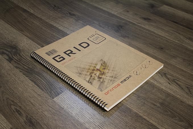 Orange Media Grid Sketchbook. Spiral Bound. Left Spine. Multi-Media. (8.5" x 11") 1/8" Box. (Grey Grid). SB-2550-LS