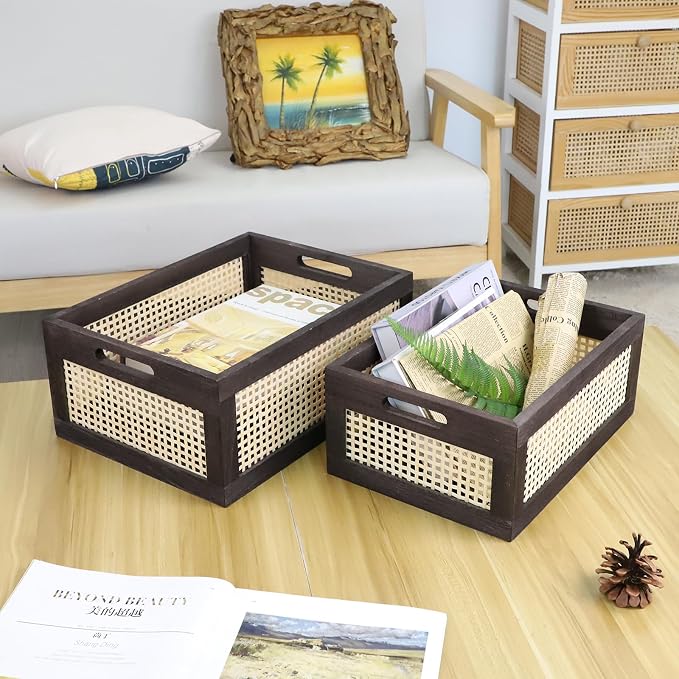 Desktop Storage Basket, Sundry Office Drawer Storage Box, Wood Frame Storage Basket. (Brown-Set2)