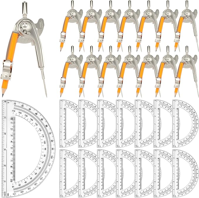 Mototo 30-PCS Geometry Tool Set, Math Compass for Geometry and 6 Inch Protractor Set Include Metal Compass with Pencil and Clear Plastic Protractor for Student Classroom Office Woodworking Art Drawing