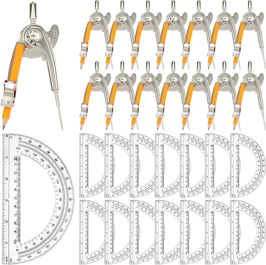 Mototo 30-PCS Geometry Tool Set, Math Compass for Geometry and 6 Inch Protractor Set Include Metal Compass with Pencil and Clear Plastic Protractor for Student Classroom Office Woodworking Art Drawing