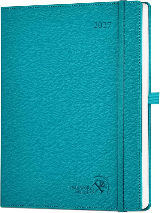 POPRUN 2027 Planner (Large 8.5"x 10.5"), Weekly and Monthly Planner | Daily Calendar Book Jan.2027 - Dec.2027, Appointment Book with Monthly Tabs, Leather Hardcover, Inner Pocket -Pacific Green
