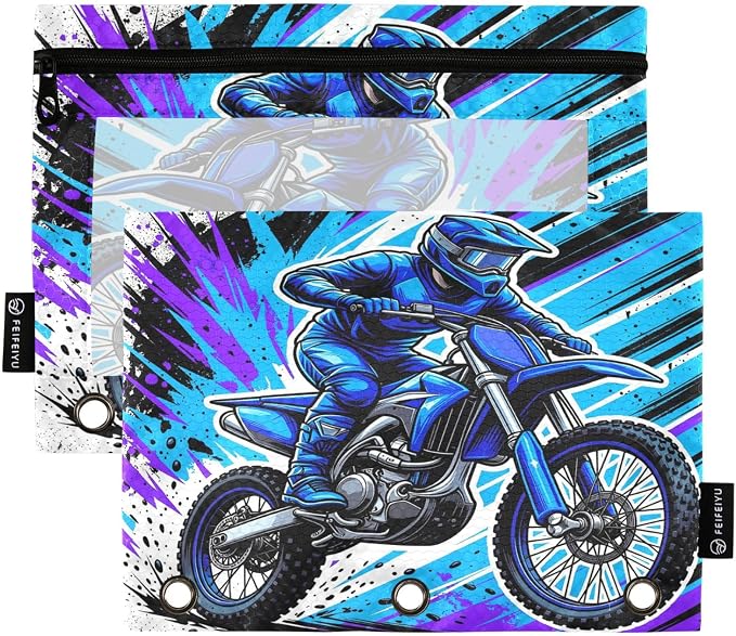 Gredecor 3 Ring Binder Pencil Pouch, Motocross Rider Dirt Bike Zippered Pen Case Pouches with Clear Window, 2 Pack Stylish Office & School Supplie