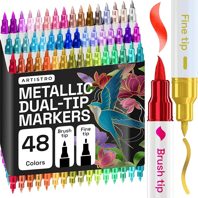 ARTISTRO 48 Metallic Acrylic Paint Markers - Paint Pens for Drawing - For Fabric, Rock, Glass, Wood, Molds - Arts & Crafts Gift for Adults, Teens, Kids, Classroom Must Haves & School Supplies