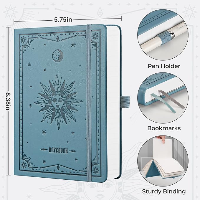 EMSHOI Lined Journal Notebook, 320 Numbered Pages, A5 Size (5.7'' x 8.3'') | Leather Hardcover, 100 GSM Thick Paper, for Women & Men, Journaling, Writing, Work & Office, Sun Debossed (Light Blue)