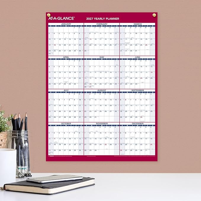 AT-A-GLANCE 2027 Erasable Calendar, Dry Erase Wall Planner, 12" x 16", Vertical-Horizontal, Reversible (PM330B2827)
