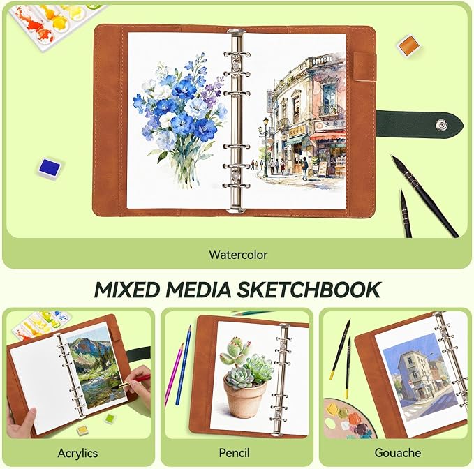 Lightwish Watercolor Sketchbook Refillable 100% Cotton, 300gsm (140lb) - 6.69" x 3.94" Hot Press Watercolor Paper Journal Notebook - 20 Sheets with PU Leather Cover for Drawing Mixed Media