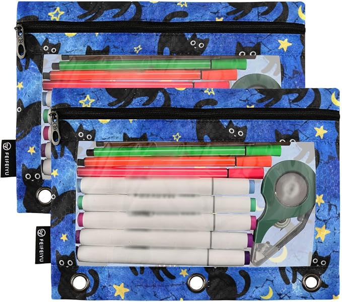 Cat Pencil Pouches for 3 Ring Binder 2 Pack | Binder Pencil Case With Zipper Reinforced GrommetsPencil Bags for Office Organizers