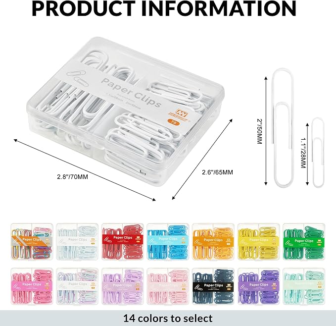 NEEWAY Colorful Paper Clips Assorted Sizes, Small and Large Paperclips, 210 Count, 3 Pack of 70 (White)
