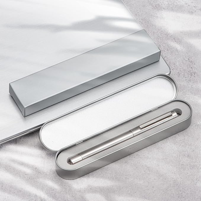 HONG DIAN 1861 Fountain Pen, Long Blade Nib, Silver Stainless Steel Design with Converter and Metal Pen Case Set