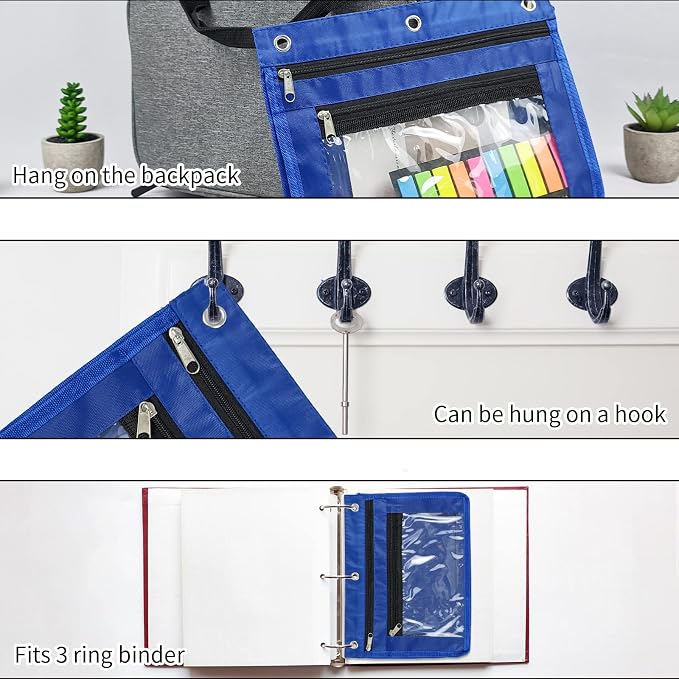YoeeJob 2 Pack 1 Inch Expandable Zipper Pencil Pouches with Clear Window for 3 Ring Binder, Suitable for School & Office （Blue）