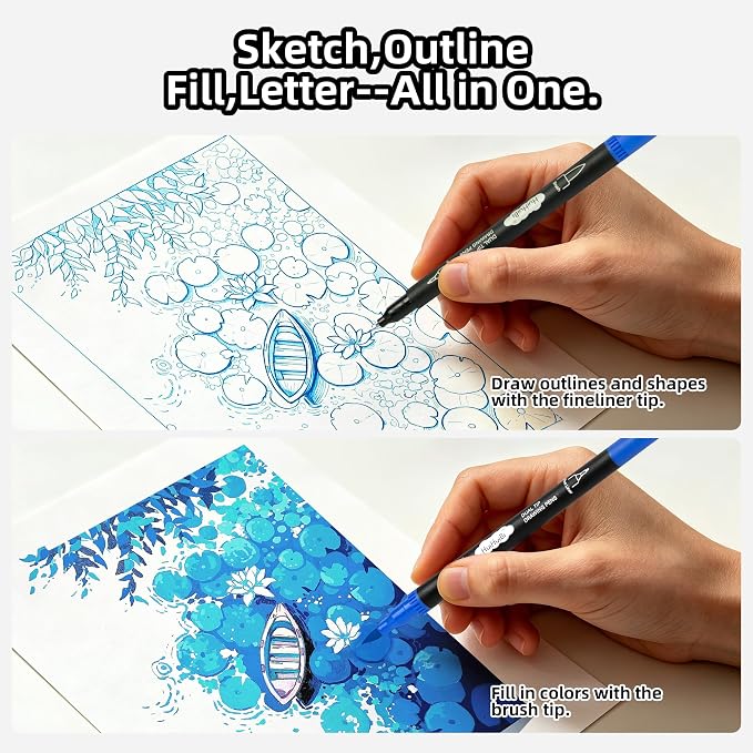 10 Pack Blue Markers for Coloring,1-6mm Dual Brush Pens with 0.4mm Fine Tip Markers,Blue Drawing Pens for Art Drawing Sketching Calligraphy