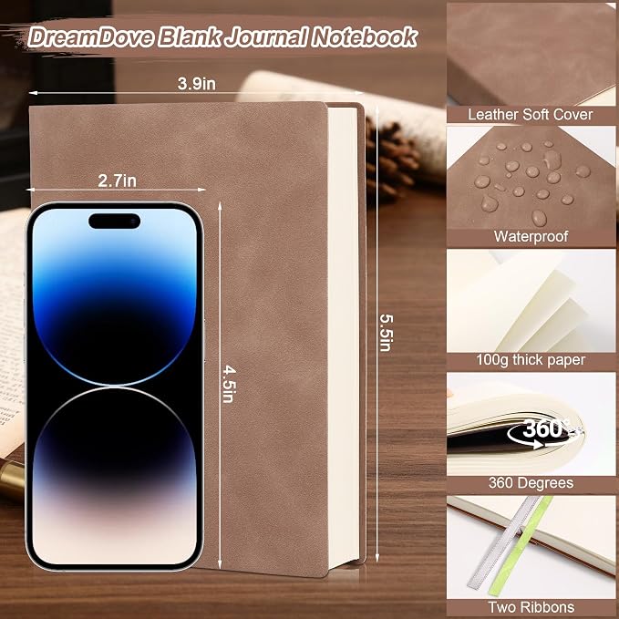 Thick Blank Journal Notebook 400 Pages , A6 Unlined Plain Sketchbook , 100gsm Thick Paper Hardcover Soft Leather Cover, No Lines Drawing Pad Memo Diary Writing Art Notepad ，3.9 × 5.5 Upgrade Page (khaki)