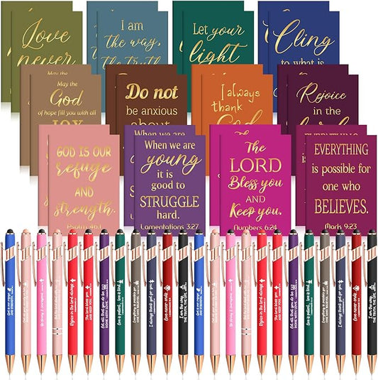 Estune 48 Pcs Christian Gifts for Women Bible Pens Notepads Gift Set Ballpoint Pen Notebook Inspirational Quotes Christian Pen Bible Motivational Gift for Church Coworker (Simple Style)