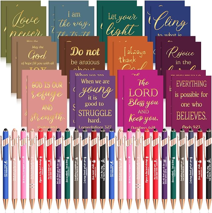 Estune 24 Pcs Christian Gifts for Women Bible Pens Notepads Gift Set Ballpoint Pen Notebook Inspirational Quotes Christian Pen Bible Motivational Gift for Church Coworker (Simple Style)