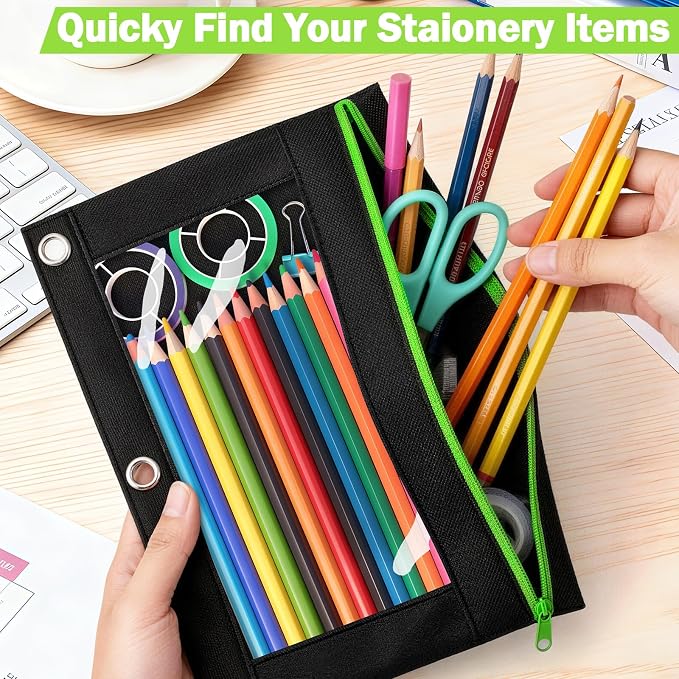 36 Pack Pencil Pouch for 3 Ring Binder Set in 6 Assorted Colors, Clear Window Heavy-Duty Fabric Pencil Case Pouch, Multi-Color Zipper Pencil Bags for Classroom and Office School Supplies