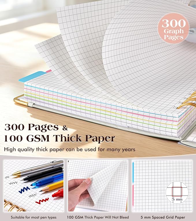 5 Subject Graph Paper Notebook with Removable Dividers Tabs, 300 Pages Hardcover Leather Grid Spiral Journal, 8"x10" B5 Large Graphing Notebooks for Women Men Work School College Engineering, White