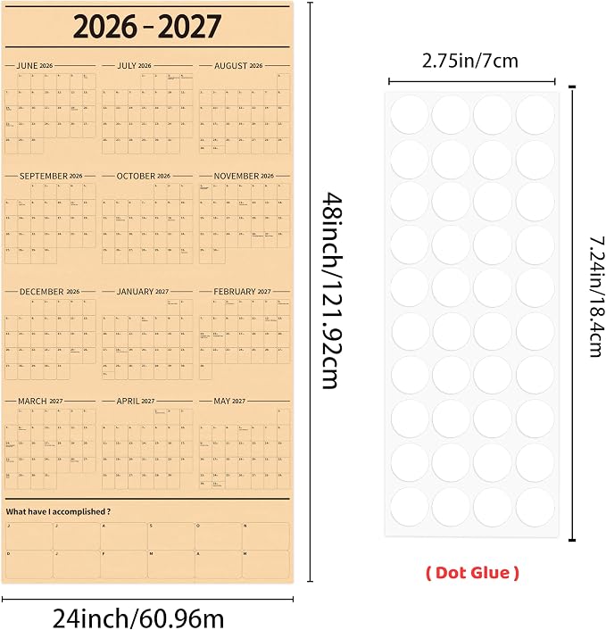 GuassLee Large Yearly Wall Calendar 2026-2027, Full Year Calendar One Page, Jun 2026- May -2027, Annual Wall Calendar 2027, 24"X 48" 12-Month Calendar Wall with Stickers
