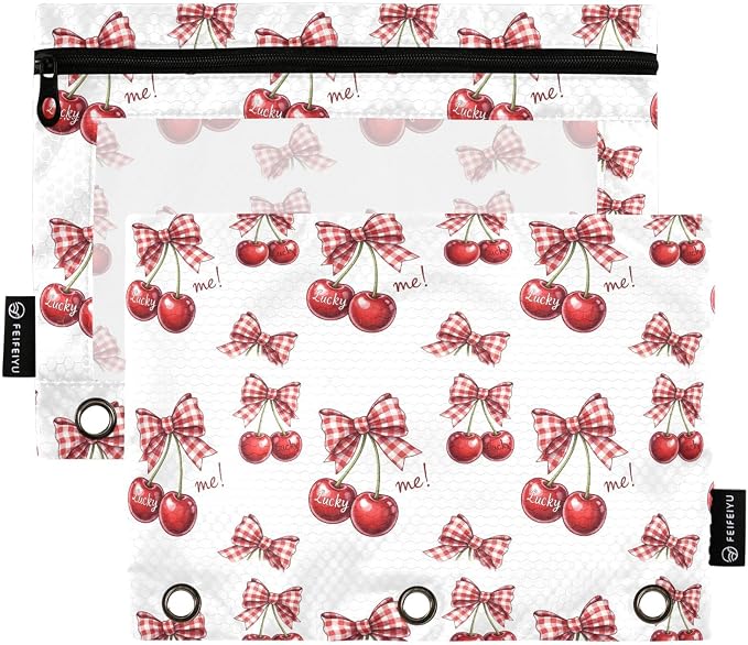Gredecor 3 Ring Binder Pencil Pouch, Cherry Coquette Ribbon Bow (38) Zippered Pen Case Pouches with Clear Window, 2 Pack Stylish Office & School Supplie
