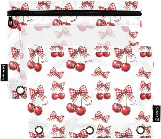 Gredecor 3 Ring Binder Pencil Pouch, Cherry Coquette Ribbon Bow (38) Zippered Pen Case Pouches with Clear Window, 2 Pack Stylish Office & School Supplie