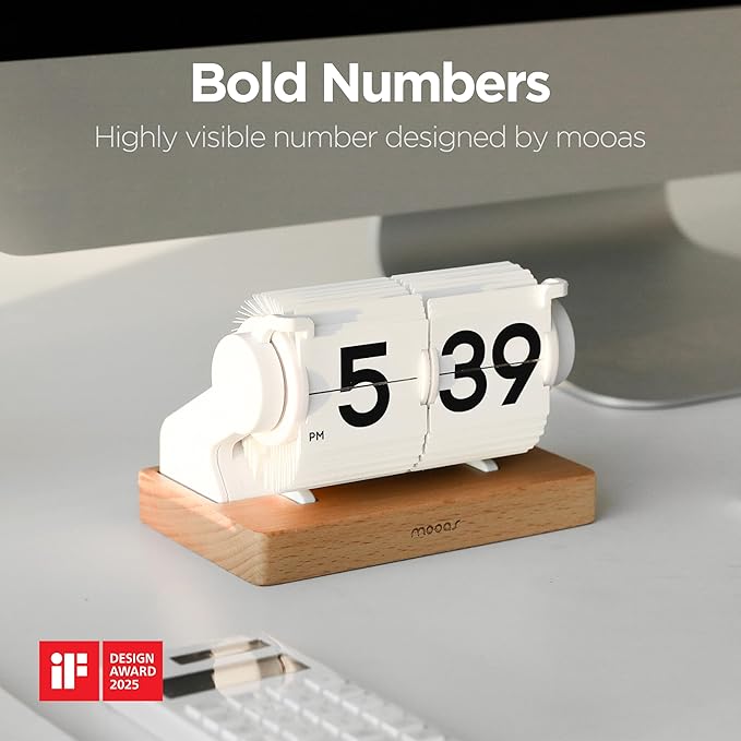 mooas Automatic Mini Flip Clock, Rechargeable, Timer/Alarm/Calendar (White) | Retro Vintage Design, Automatic Flip Desk Clock, USB-C Charging, Interior Objet for Home Office Living Room Hotel Café