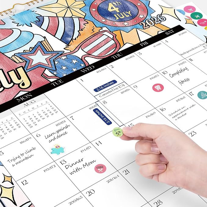 Ospelelf 2026 Wall Calendar Large 17'' x 22'' Coloring Calendar for Family, Monthly Doodle Calendar Planner with Plastic Cover for Kids, Use Jan 2026 - June 2027, Season