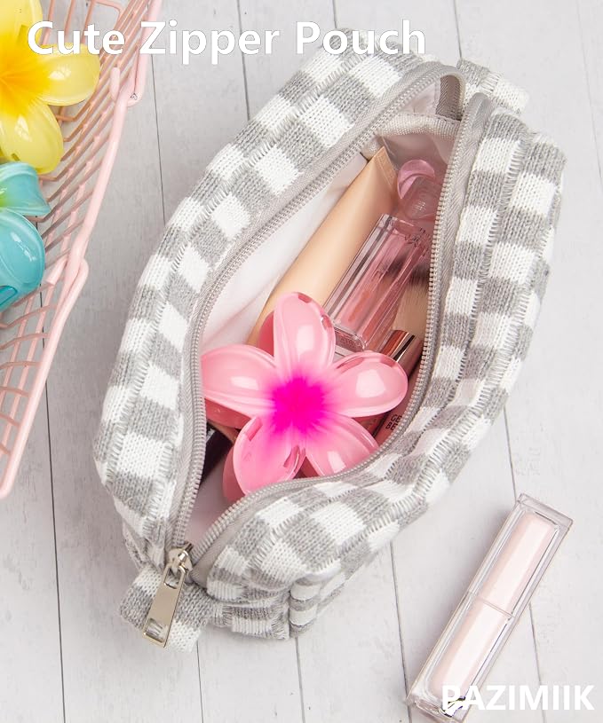 PAZIMIIK Checkered Makeup Bag for Purse, Small Travel Cosmetic Pouch,Grey | Cute Zipper Makeup Organizer for Women, Travel Essentials, Toiletries, Makeup Brushes, Beauty Accessories&Bridesmaid Gifts